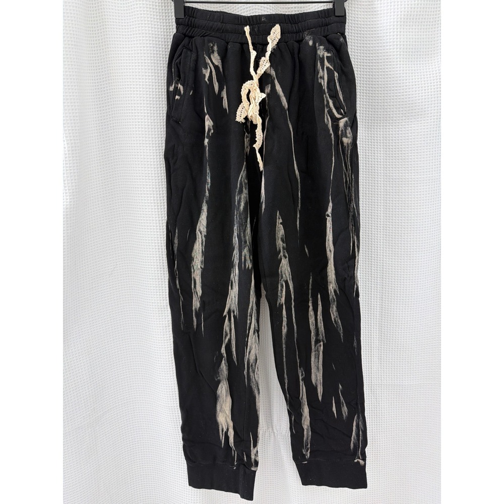 Womens Bleach Wash Tie Dye Joggers Black Tan Lace Drawstring Sweatpants Medium